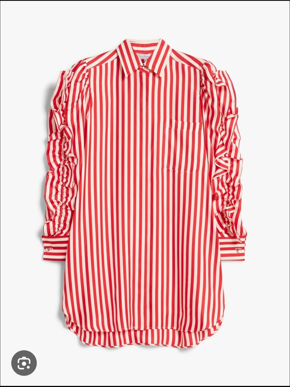 Max Mara Red and White Vertical-Stripe Ruched-Sleeve Button Down Shirt Dress
